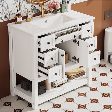 Mueble de baño con lavabo cerámico integrado 92 x 47 x 89,6 cm blanco OKWISH (1/5)