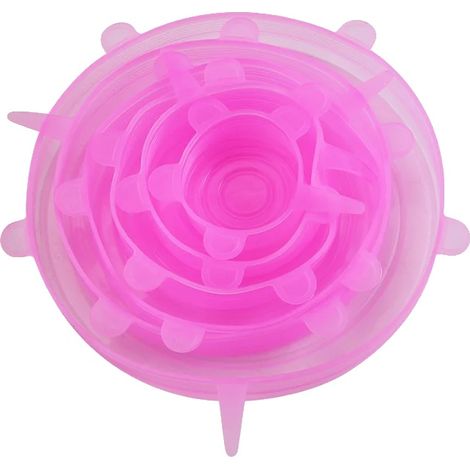 Tapas de silicona reutilizables para almacenar alimentos, diseño hermético, color rosa, paquete de 6 unidades. (1/2)