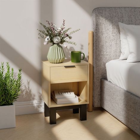 Mesita de Noche con 1 Cajón y 1 Hueco Abierto, para Dormitorio o Salón, en Madera, Roble, 35×26×50 cm (1/5)