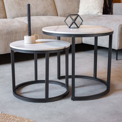 Ensemble de table basse ronde de 2 look en marbre en pierre frit (1/5)