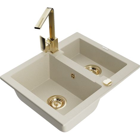 Mexen Carlos lavello in granito 1,5 vasche con rubinetto cucina Rita, beige - 6518-69-670300-50