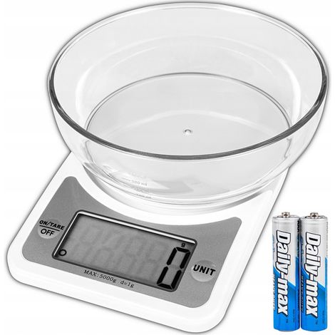 Bilancia elettronica di precisione da cucina con ciotola, display LCD bianco, set da 1 g / 5 kg