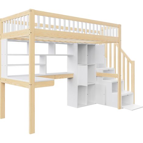 Cama alta 90 x 200 cm con escritorio, estanterías y escalera de almacenaje, blanco y natural (1/5)