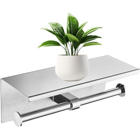 Double support de papier toilette avec étagère pour téléphone - Distributeur mural en acier inoxydable SUS304 - Accessoire de salle de bain cool (Brillant) (1/5)