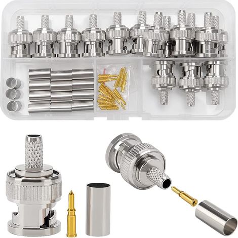15 Pièces Connecteurs BNC Mâles à Sertir pour Câble Coaxial RG58 RG142 RG400 LMR195, Adaptateur BNC Mâle Droit pour Caméra CCTV, Y Compris Connecteur, Broche, Virole (1/5)