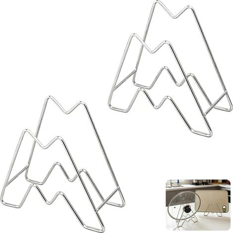 Lot de 2 Support Couvercle Casserole et Planche à Découper en Acier Inoxydable, Organisateur de Cuisine pour Placard et Plan de Travail, Rangement Couvercle Stable avec Rainure en V, Argent (1/5)