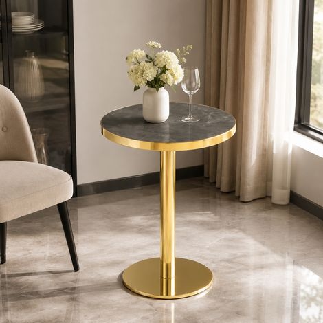 Table d'appoint ronde en acier inoxydable doré avec plateau effet marbre, table d'appoint moderne et stable pour salon (1/5)