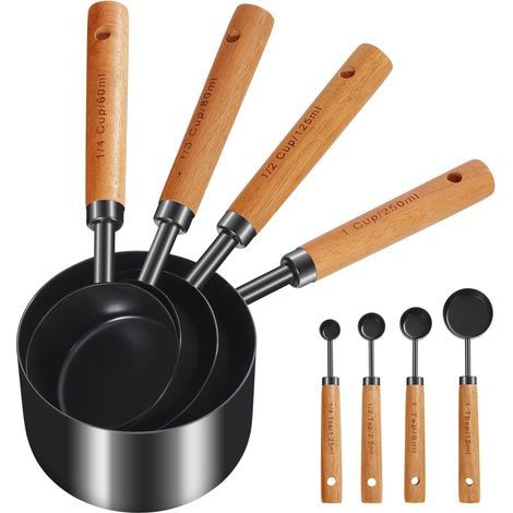 Set of 8 Measuring Spoons and Cups, Wooden Handle, with Metric and American Measurements, Stainless Steel, Polished Black Finish, Dry and Liquid Measuring Cup, for Baking (1/5)