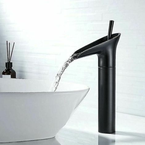 Robinet de salle de bain cascade noir, mitigeur de lavabo à levier unique rétro (1/5)