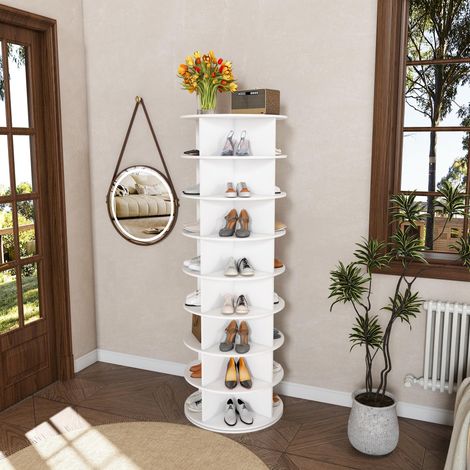 Tour à chaussures rotative, étagère rotative à 8 niveaux, organisateur de chaussures autoportant rotatif à 360°, pour 32 paires de chaussures (8 niveaux, blanc)