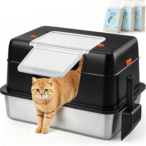Litière pour chat en acier inoxydable avec couvercle XL - 3 x 2 kg - 80 % de tofu et 20 % de bentonite - Avec pelle - Résistante aux odeurs - Noir (1/5)