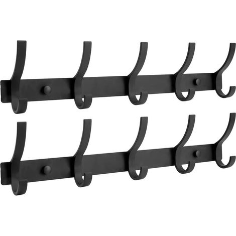 Porte-manteau Mur - 10 Crochets - Aluminium - 32 cm - Noir - Pour Manteaux Serviettes Casquettes