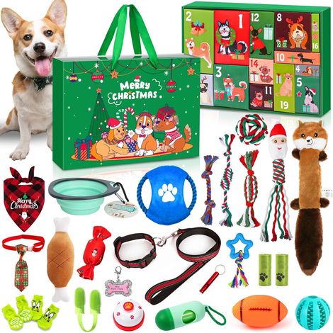 Calendrier de l'Avent pour chiens, jouet pour chien, cadeaux pour calendrier de l'Avent,cadeau de Noël pour chien – Collier, laisse, gamelle, balle, peluche, sac, sac à déjections, chaussettes. (1/5)