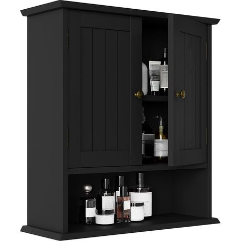 Armoire de Toilette Murale Noire pour Petit Espace - Meuble Salle de Bain Suspendu avec 2 Portes et Étagères Réglables - Range-Toilette Étanche pour WC, Buanderie et Cuisine (1/5)