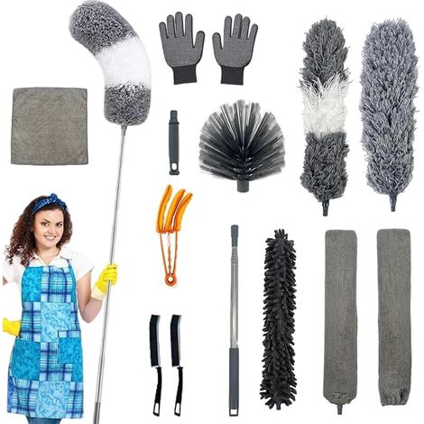 plumeau, 13 pièces plumeau Microfibre télescopique avec Tige télescopique, Extensible Lavable pour époussette, Nettoyeur de Toiles d'araignée & Duster (1/5)