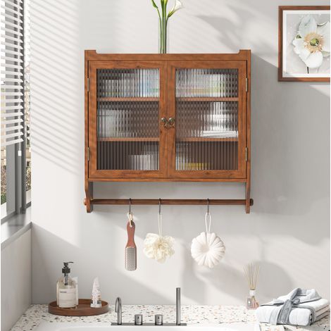 Armario de pared de madera maciza y MDF marrón con puertas de vidrio, 63 x 18 x 60 cm, 3 niveles (1/5)