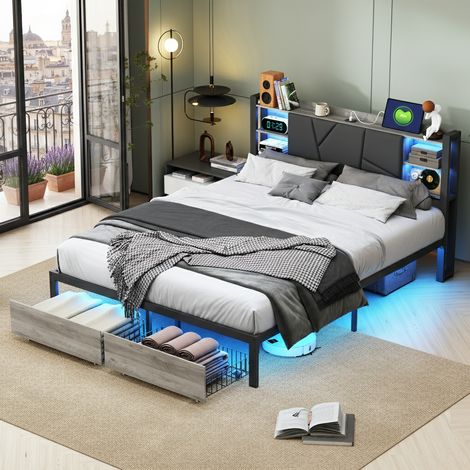 Lit double 160x200 cm avec tête de lit LED, étagère de rangement, port USB et prise de courant, cadre de lit en métal avec 2 tiroirs, adapté aux adolescents, noir, sans matelas (1/5)