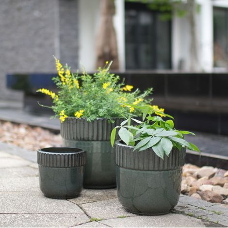 Pot de fleurs en céramique Ø30,5 x 29,5 cm vert foncé, avec trous de drainage pour balcon FloraGrace (1/5)