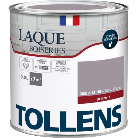 Peinture Laque - Ultra Résistante aux lessivages - TOLLENS - Multisupport boiseries, murs, meubles - Brillant - Gris Platine - 0,5L = 7m2