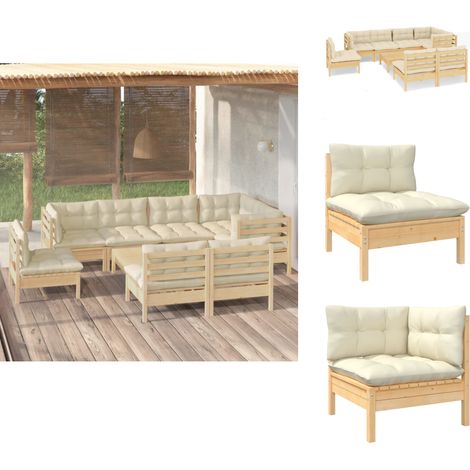9-tlg. Garten-Lounge-Set mit Creme Kissen Massivholz Kiefer - Gartensessel - Lounge Set - Gartenmöbeln - Outdoor Möbel - Rattan Sessel (1/5)