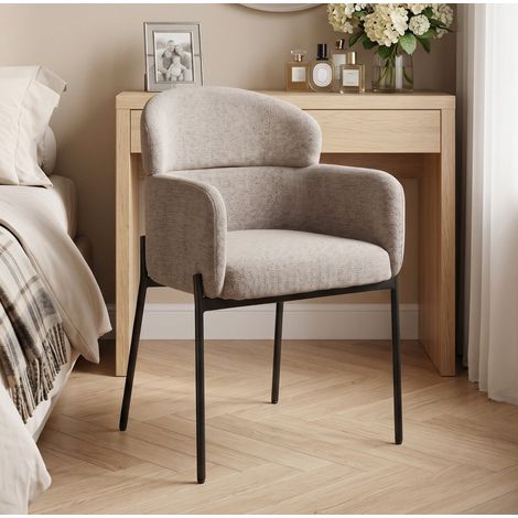 Fauteuil de salon effet chenille avec accoudoirs, pieds en métal, brun clair OKMYHOME (1/5)