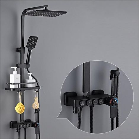 Ensemble de douche mitigeur thermostatique intelli Ensemble de douche numérique chaud et froid robinet système de douche de salle de bains robinet de douche en or noir pommeau de douche carré système (1/5)
