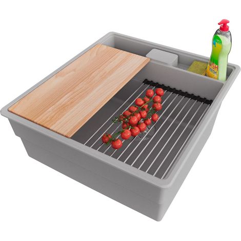 PRIMAGRAN Evier Cuisine en Granit 48x53cm,Lavabo 1 bac + Kit de Vidage + Accessoires, Évier à Encastrer au meuble 50cm - New York, Gris (1/5)