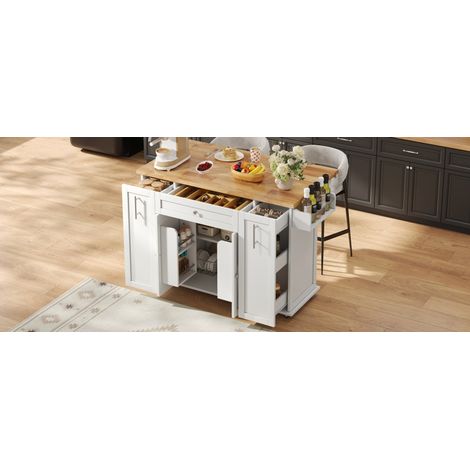 Îlot de cuisine mobile avec plateau rabattable, 120 x 70 x 87 cm, MDF, blanc et naturel (1/5)