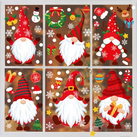 Stickers Noel, Decoration Noel Fenêtre Autocollant Noël Reutilisable,Double Face Amovibles DIY Fenêtres Stickers, Nains Renne Père Noël Flocon de Neige PVC Stickers, 9 Feuilles,104Pcs, 2030cm