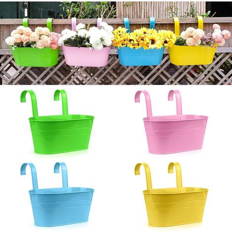 Lot de 4 Pots de fleurs, Fer, Crochet amovible, Trous de drainage, Balcon Jardin