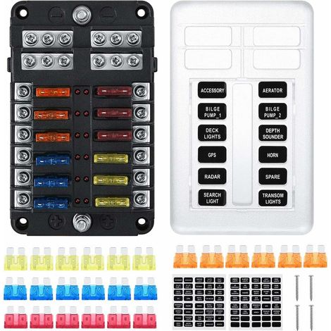 Scatola portafusibili a goccia a 12 vie con 24 fusibili e 12 luci a LED, copertura protettiva per auto, barca e camper