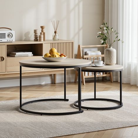 Tavolini da Salotto Impilabili Rotondi con 2 Piani e Piedini Regolabili Stile Moderno per Soggiorno in Metallo Oak (1/5)