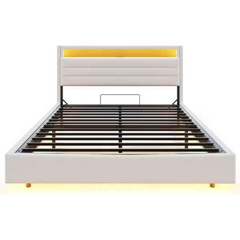 Cama capitoné 160 x 200 cm con almacenaje hidráulico USB LED beige MODENUIT (1/5)