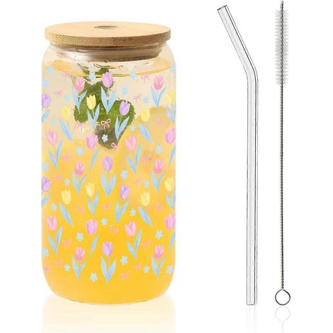 Tasses isothermes verre motif fleurs bleues papillon, avec couvercles et pailles, pour café glacé, cadeau Saint-Valentin/anniversaire (Fleurs1433) (1/5)