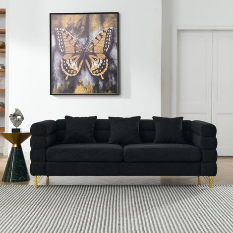 MODFU – Set divani a forma di nuvola 3 e 2 posti in tessuto bouclé con schienale e braccioli ondulati sovrapposti, seduta in schiuma e molle, piedini in metallo dorato – Nero (1/5)