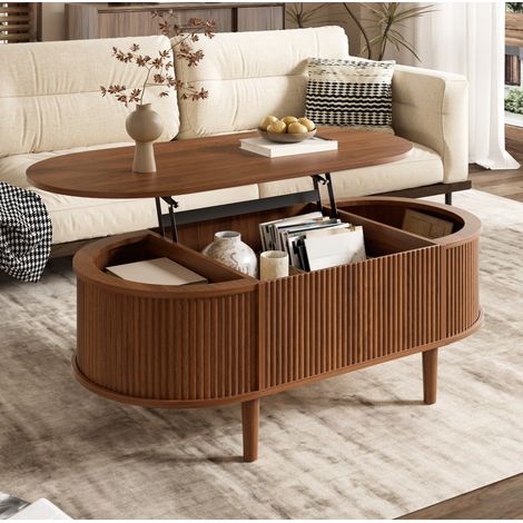 Couchtisch Oval (100x48x54.5 cm), höhenverstellbar, mit Stauraum, MDF, Walnuss (1/5)