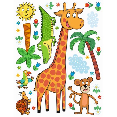 sticker mural animaux de la jungle vert, orange et bleu - Sanders & Sanders