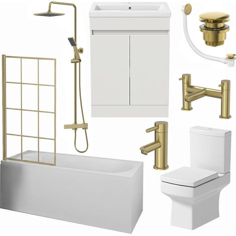 Complete Bathroom Suite Brass Bath Shower Screen Basin Vanity Taps Toilet 1700 (1/5)