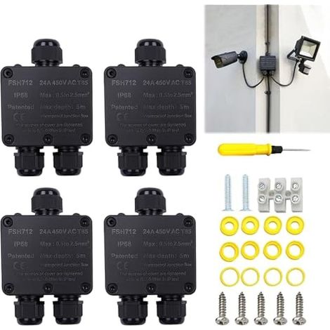 Boite de Derivation Etanche IP68: Boîte de Jonction à 3 Voies pour Gamme de Fils 5 mm - 15 mm, 4 Pièces