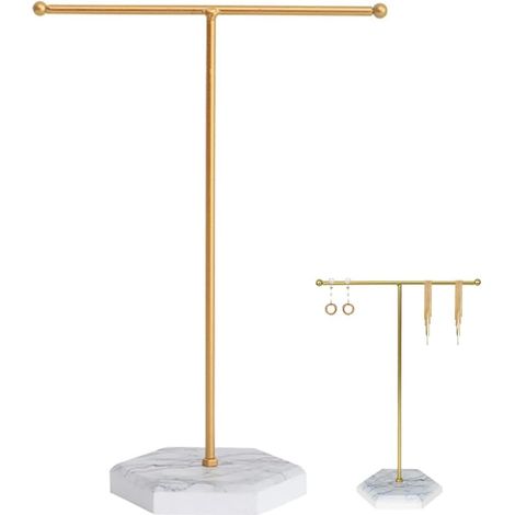 Jewellery Display Stand Metal T-Shaped Jewellery Storage Shelf Suitable for Necklaces, Earrings, Bracelets, Rings, Watches, etc (White + Gold) (1/4)
