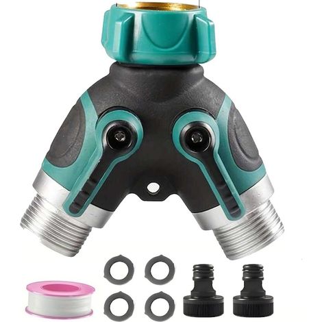 Distributeur de tuyau d'arrosage Vitesthord à 2 voies avec vanne d'arrêt, pour raccord de tuyau 3/4", raccord en Y métallique robuste pour robinet extérieur, avec 4 joints anti-fuite et 1 bande de ser (1/5)