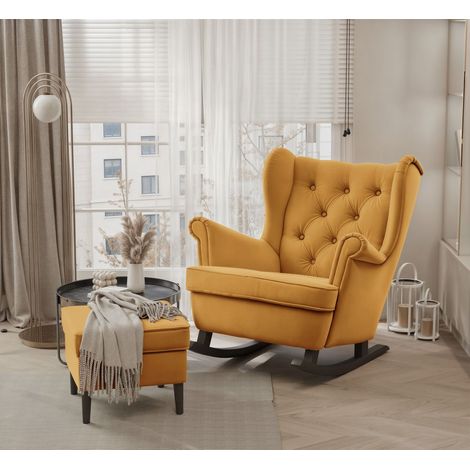 Schaukelsessel Ohrensessel Sessel NINON inkl. Hocker in Stoff Trinity Honiggelb