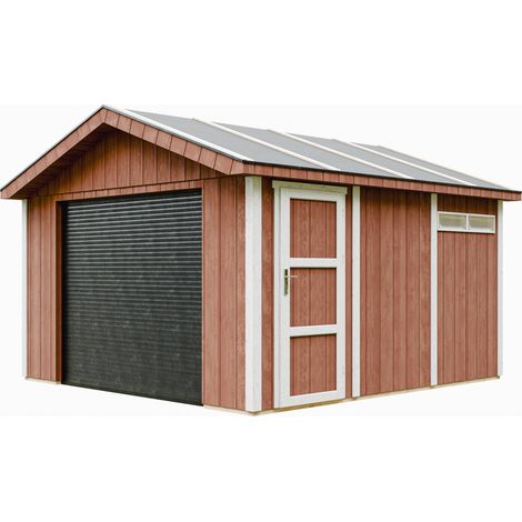 Garaje de CALIDAD PREMIUM 13 m²- L378xL412 cm - GARAJE PARA MOTOS, bicicletas, máquinas de jardinería - Construcción con paneles LP Smartside - Cobertizo de jardín Timbela M990B-REDWOOD RED (1/5)