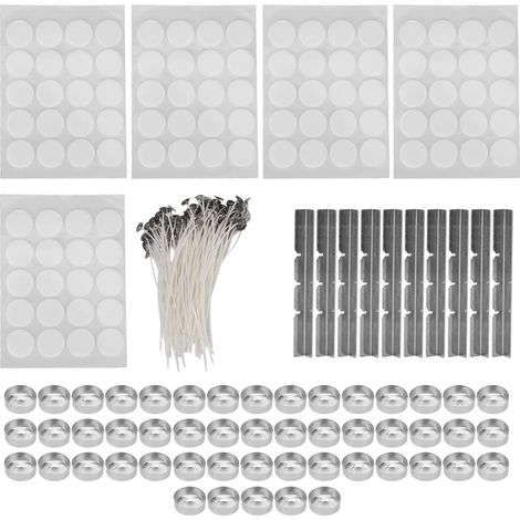 260 bougies mèches 15cm, 100 autocollants ruban adhésif double face, 50 coquilles bougie, 10 supports mèche inox, 14g coque aluminium blanc (1/5)