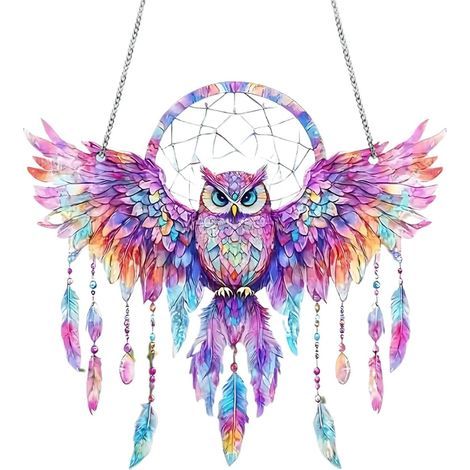 Owl-shaped suncatcher, stained glass owl, colorful wings, feather pattern, sunlight reflection, bright colors, decorative spiritual symbol, dreamcatcher for the home (1/5)