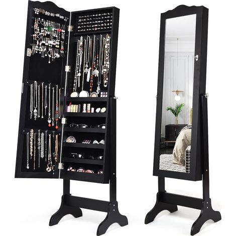 COSTWAY Armadietto Portagioie da Terra, Portagioie con Specchiera a Figura Intera, 4 Angolo di Inclinazione Regolabile, Specchio da Terra per Gioielli e Accessori, 160 x 45 x 37 cm (Nero) (1/5)