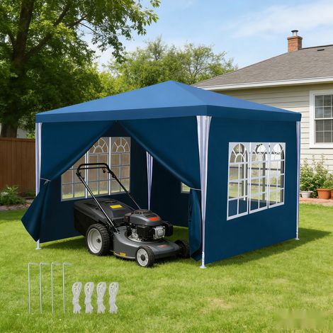 Randaco Tonnelle de jardin 3x3m imperméable anti-UV, tente de réception avec armature métal pour 3 personnes Bleu (1/4)