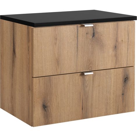 Meuble sous vasque suspendu 2 tiroirs avec le plan noir NOVA OAK 80 CM (1/5)