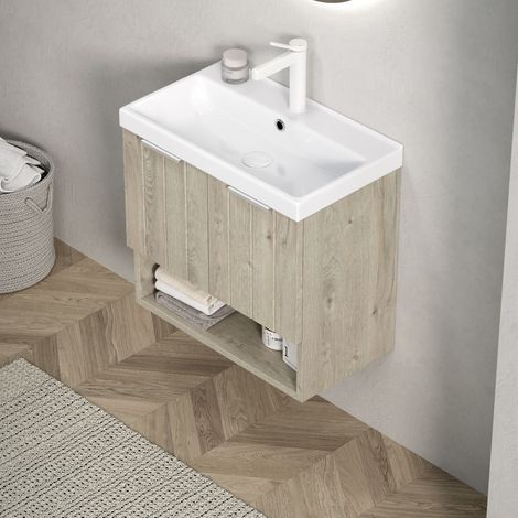 Meuble sous lavabo suspendu avec lavabo en céramique, Meuble sous vasque avec portes doubles et étagère ouverte, 55x32x48 cm (1/5)
