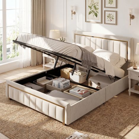 Lit coffre 160x200 cm avec sommier à lattes，rangement hydraulique，design moderne，velours，beige (1/5)